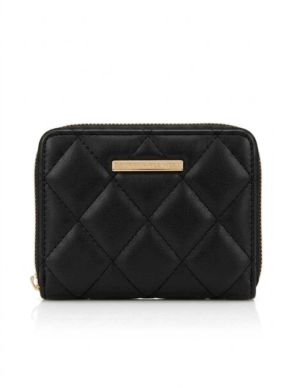 Poppy & Peonies Black Quilted Zip-Around Wallet with Gold Plaque
